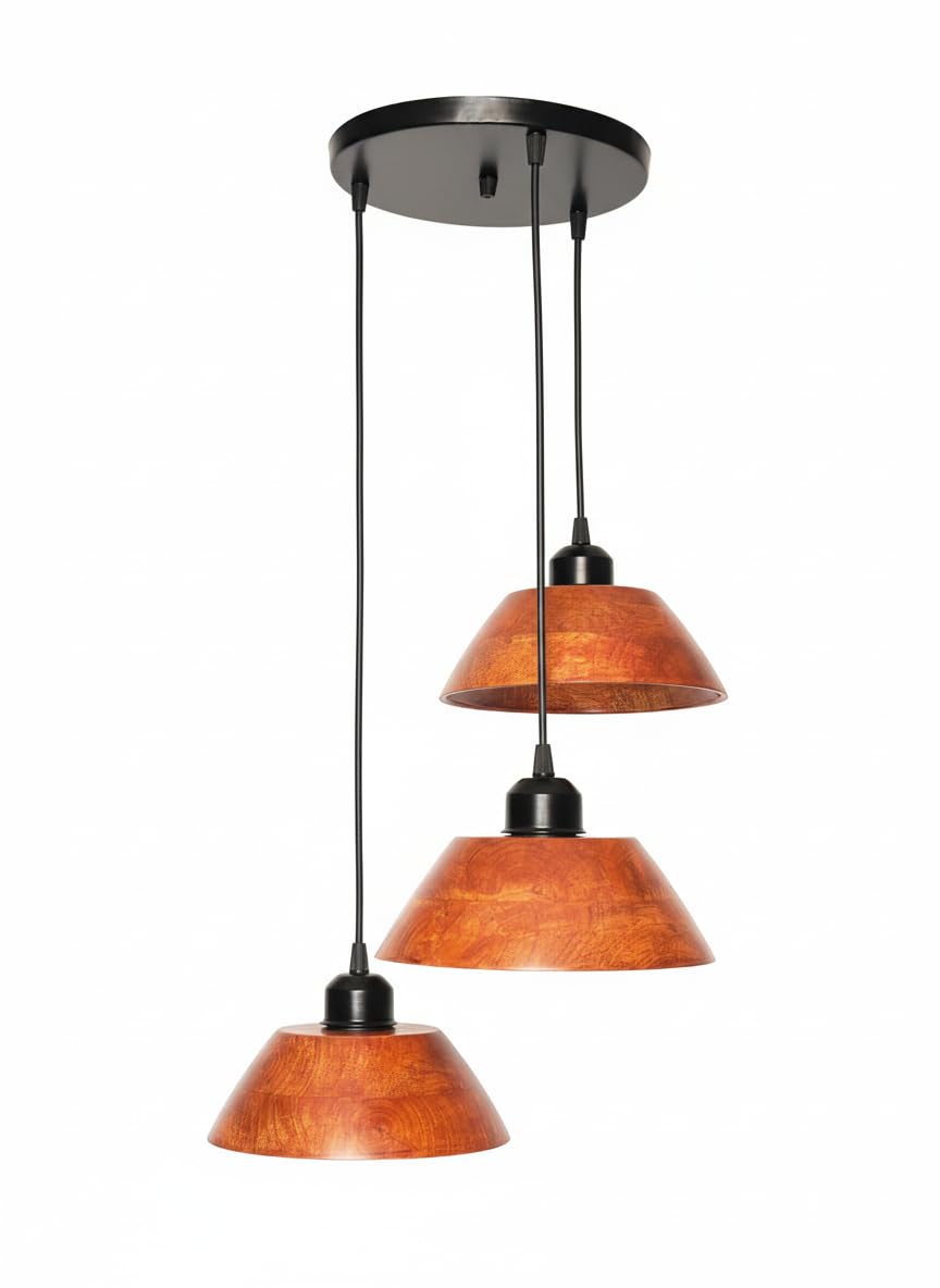 Vintage Modern Wooden Hanging Lights for Living Room, Bedroom, Home Decoration | Walnut Polish (Set of 3 Lights Chandelier)