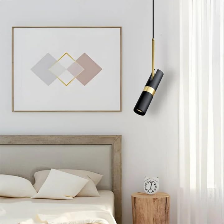 Hanging Light Black & Gold Pendant Lamp | Modern Cylindrical Spotlight with 3 Color LED (Warm White, Natural White, Cool White) | Ceiling Lights for Living Room Bedroom Dining