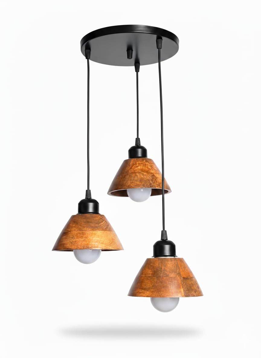 Wooden Hanging Lights for Living Room | Handcrafted Walnut Finish Ceiling Hanging Lamp | Adjustable Cord | Elegant Pendant Lights for Bedroom, Kitchen & Balcony Décor (LARGE-10 INCH)
