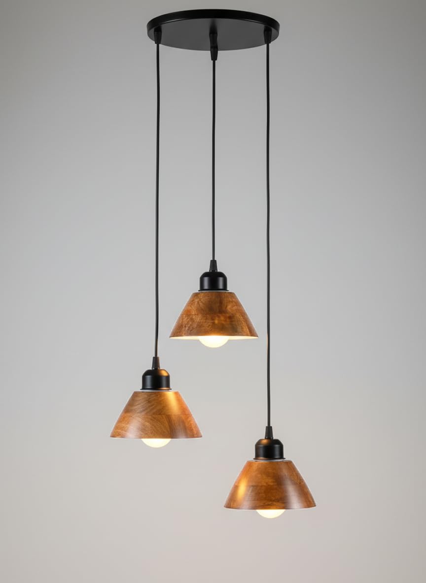 Wooden Hanging Lights for Living Room | Handcrafted Walnut Finish Ceiling Hanging Lamp | Adjustable Cord | Elegant Pendant Lights for Bedroom, Kitchen & Balcony Décor (LARGE-10 INCH)