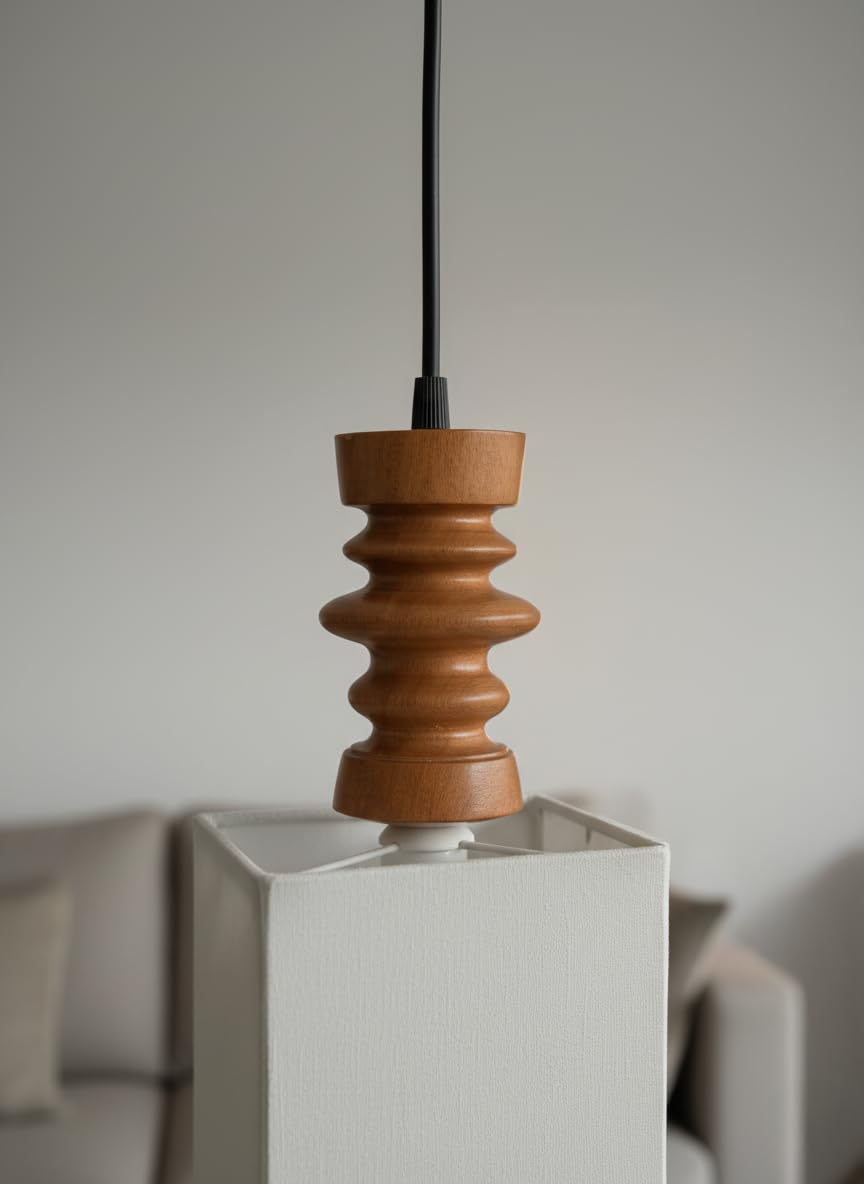 Wooden Hanging Lights for Living Room | Handcrafted Walnut Finish Ceiling Hanging Lamp | Adjustable Cord | Elegant Pendant Lights for Bedroom, Kitchen & Balcony Décor (LARGE-10 INCH)