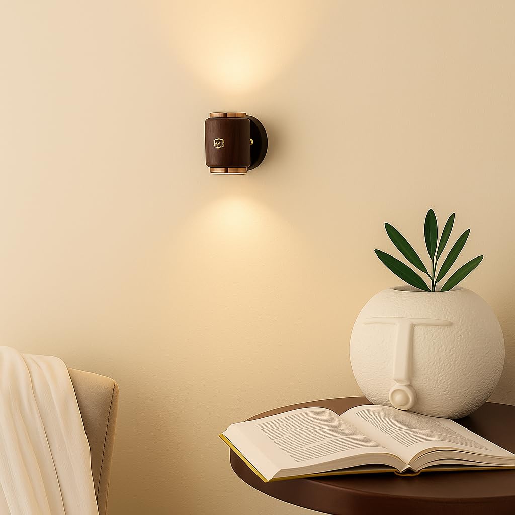 Green House Handmade Sheesham Wood Wall Light Lamp | 2 Way Light - UP/Down | 3W+3W Warm White LED | Modern Wooden Wall Sconce for Living Room, Bedroom, Staircase, Hallway Decor | Pack of 1