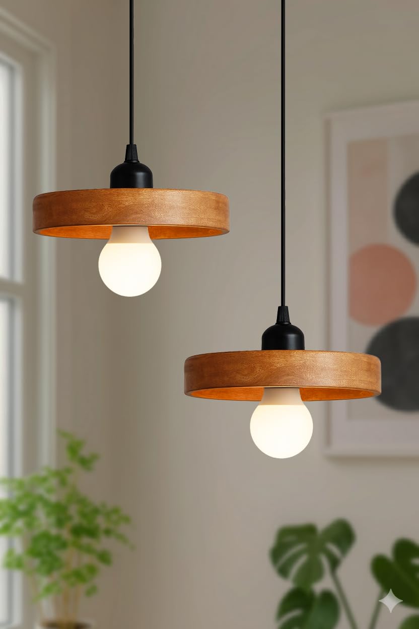 Wooden Hanging Lights for Living Room | Handcrafted Walnut Finish Ceiling Hanging Lamp | Adjustable Cord | Elegant Pendant Lights for Bedroom, Kitchen & Balcony Décor (LARGE-10 INCH)
