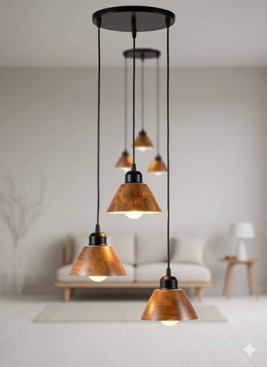 Wooden Hanging Lights for Living Room | Handcrafted Walnut Finish Ceiling Hanging Lamp | Adjustable Cord | Elegant Pendant Lights for Bedroom, Kitchen & Balcony Décor (LARGE-10 INCH)