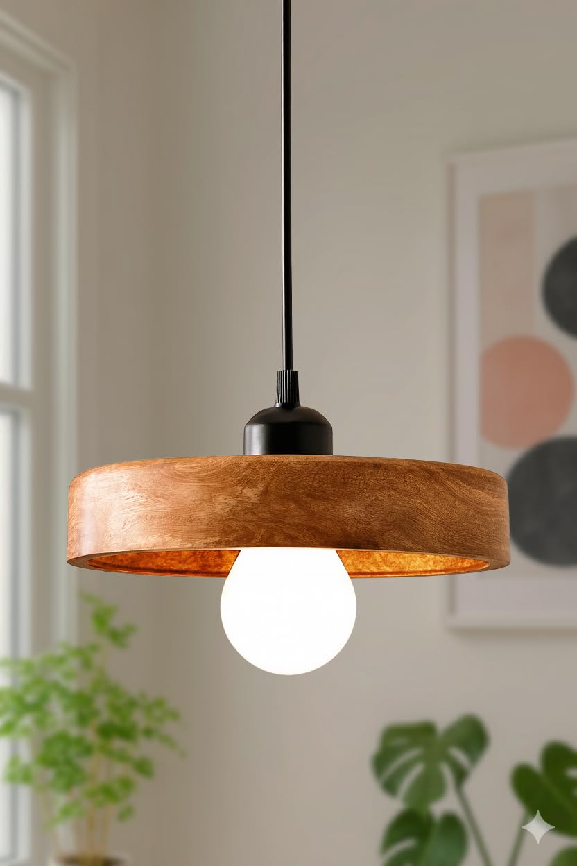 Wooden Hanging Lights for Living Room | Handcrafted Walnut Finish Ceiling Hanging Lamp | Adjustable Cord | Elegant Pendant Lights for Bedroom, Kitchen & Balcony Décor (LARGE-10 INCH)