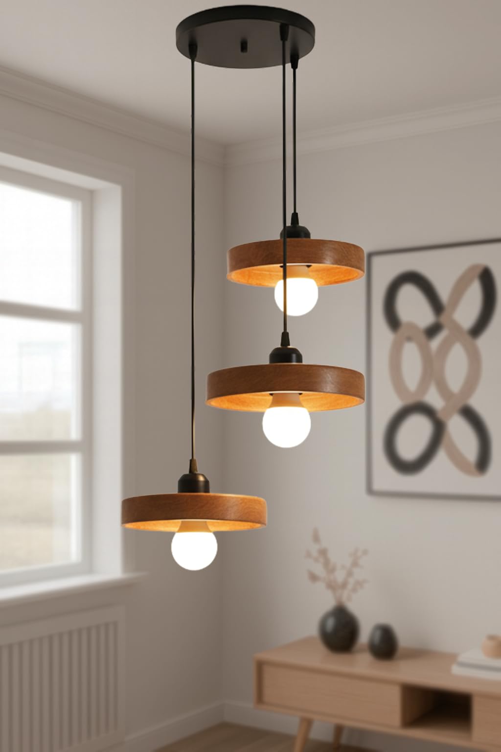 Wooden Handcrafted Hanging Lights Cluster Set of 3 for Living Room | Adjustable Cord | Walnut Finish | Modern Vintage Ceiling Pendant Lamp for Ceiling for Bedroom & Balcony
