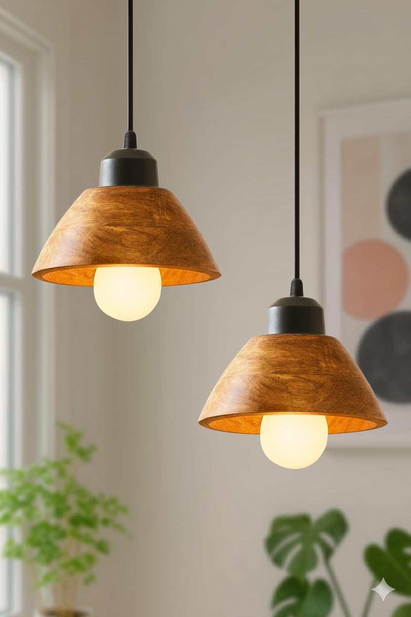 Vintage Modern Wooden Hanging Lights for Living Room, Bedroom, Home Decoration | Walnut Polish (Set of 3 Lights Chandelier)