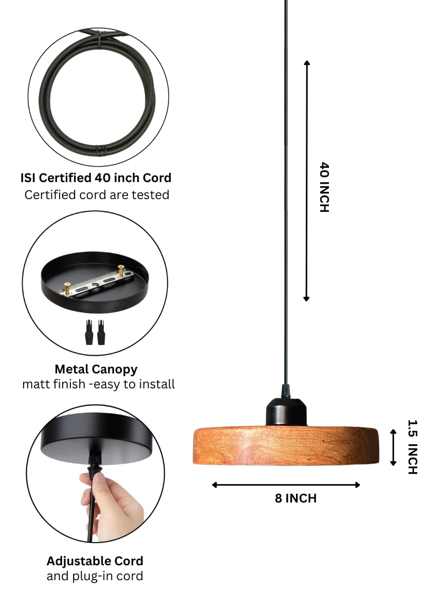 Wooden Hanging Lights for Living Room | Handcrafted Walnut Finish Ceiling Hanging Lamp | Adjustable Cord | Elegant Pendant Lights for Bedroom, Kitchen & Balcony Décor (LARGE-10 INCH)