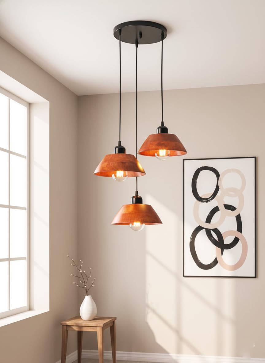 Vintage Modern Wooden Hanging Lights for Living Room, Bedroom, Home Decoration | Walnut Polish (Set of 3 Lights Chandelier)