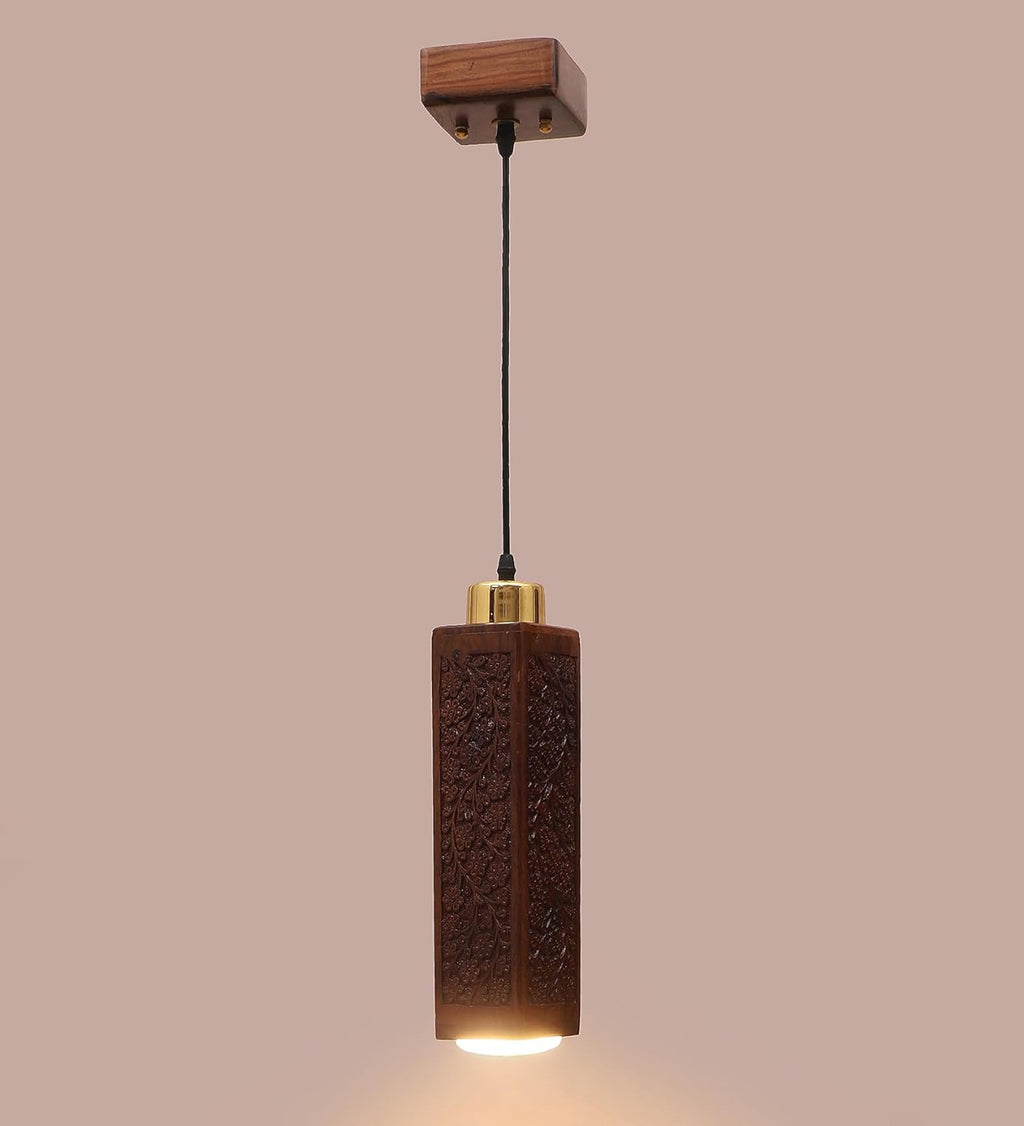 Green House Fully Handmade Sheesham Wood Hanging/Ceiling/Pendant Light | Intricate Carving | 9W in-Built Warm White LED | Brass Rivets | Perfect for Bedroom, Kitchen, Dining Room, Hallway