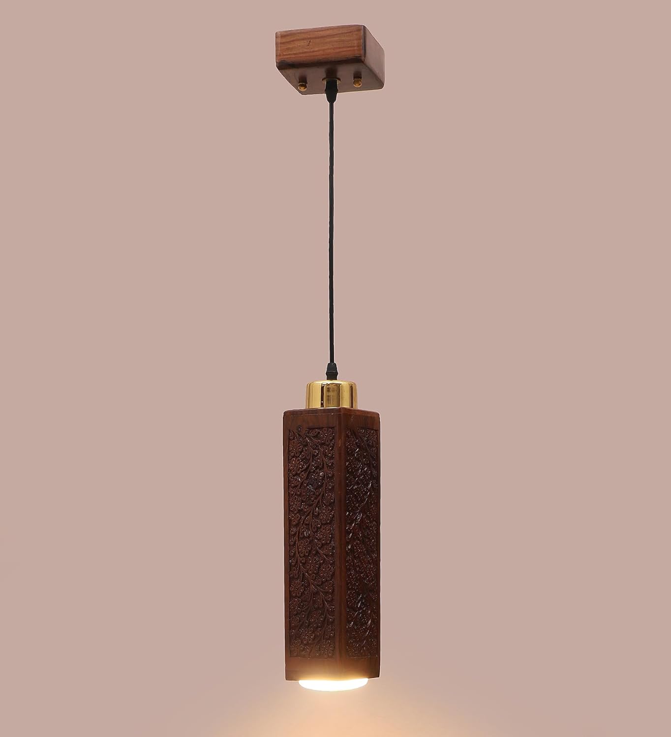 Green House Fully Handmade Sheesham Wood Hanging/Ceiling/Pendant Light | Intricate Carving | 9W in-Built Warm White LED | Brass Rivets | Perfect for Bedroom, Kitchen, Dining Room, Hallway