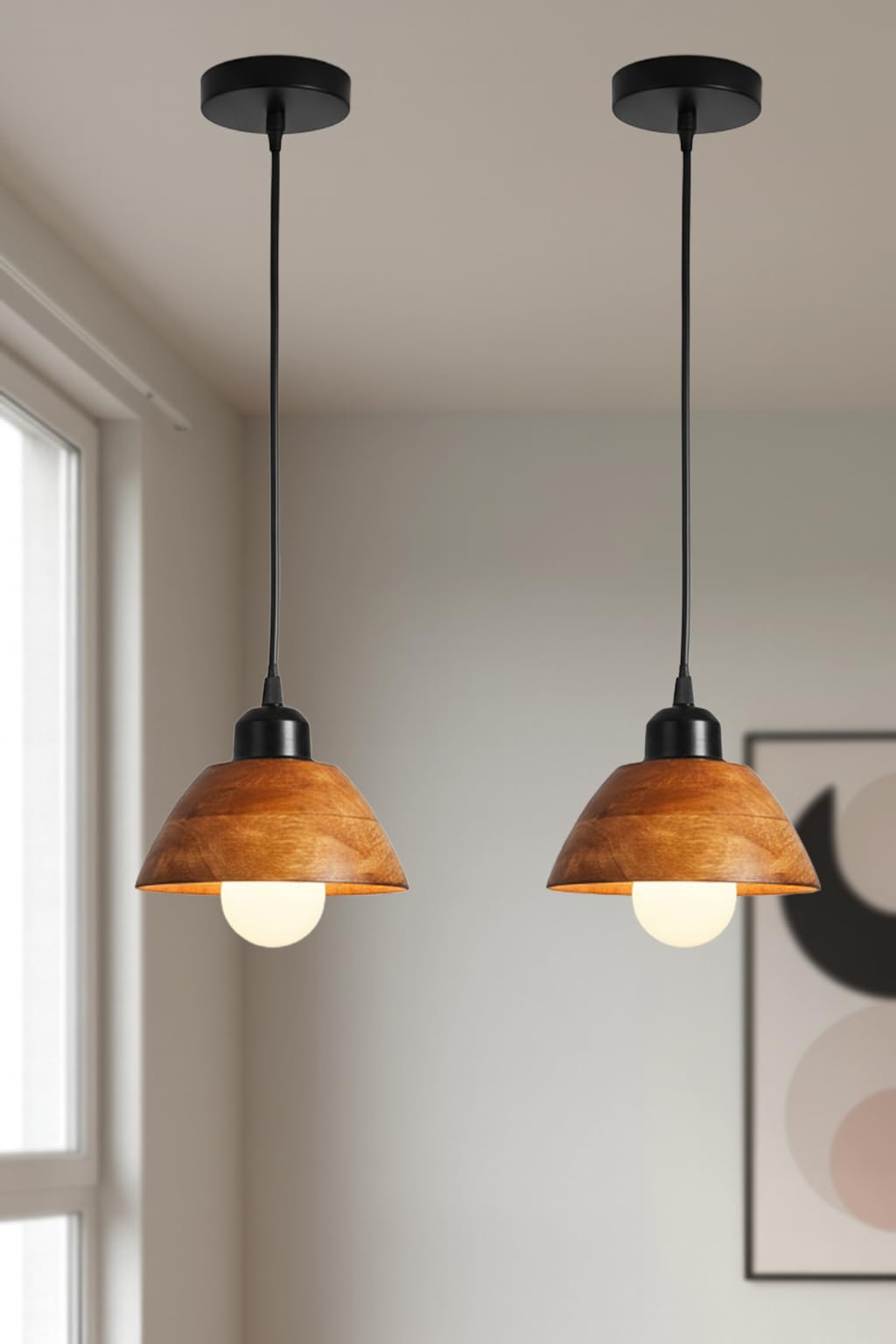 Wooden Hanging Pendant Lights Set of 2 for Bedroom | Modern Walnut Dome Hanging Lights for Living Room with Adjustable Cord | Pendant Lights for Kitchen Balcony