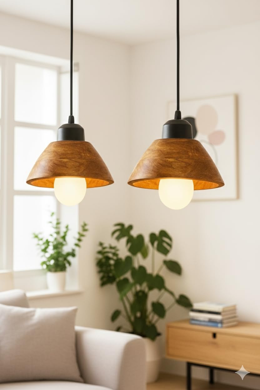 Vintage Modern Wooden Hanging Lights for Living Room, Bedroom, Home Decoration | Walnut Polish (Set of 3 Lights Chandelier)