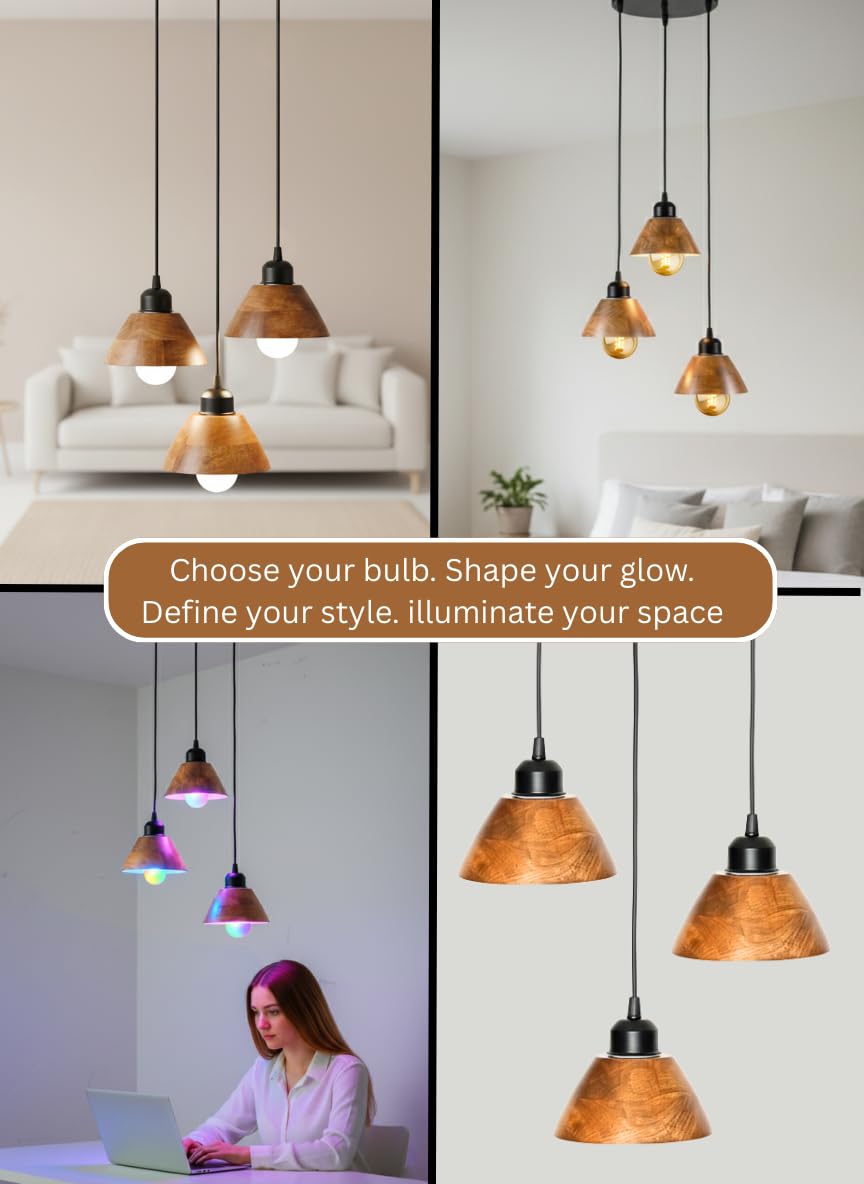 Wooden Hanging Lights for Living Room | Handcrafted Walnut Finish Ceiling Hanging Lamp | Adjustable Cord | Elegant Pendant Lights for Bedroom, Kitchen & Balcony Décor (LARGE-10 INCH)