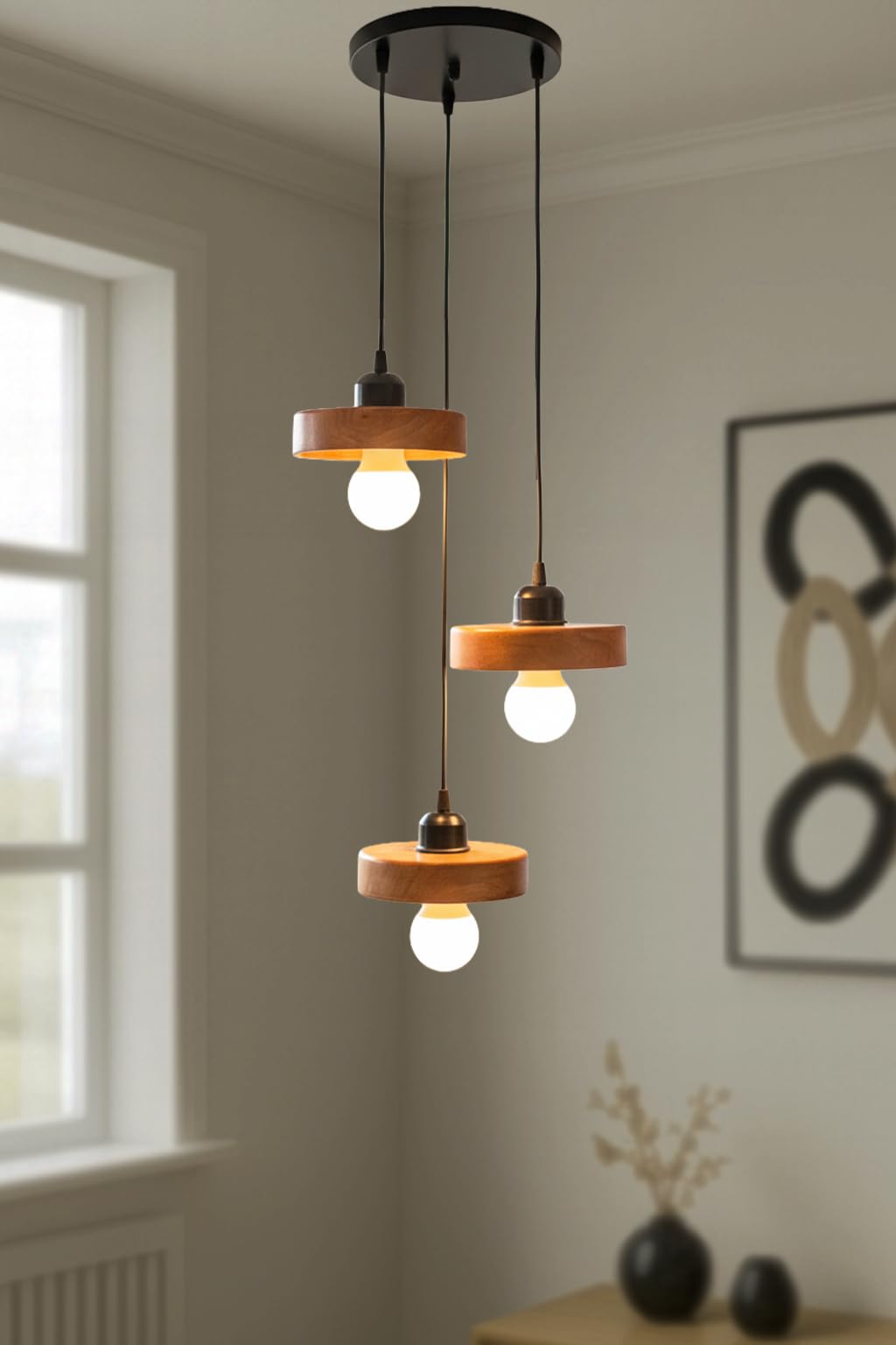 Wooden Handcrafted Hanging Lights Cluster Set of 3 for Living Room | Adjustable Cord | Walnut Finish | Modern Vintage Ceiling Pendant Lamp for Ceiling for Bedroom & Balcony
