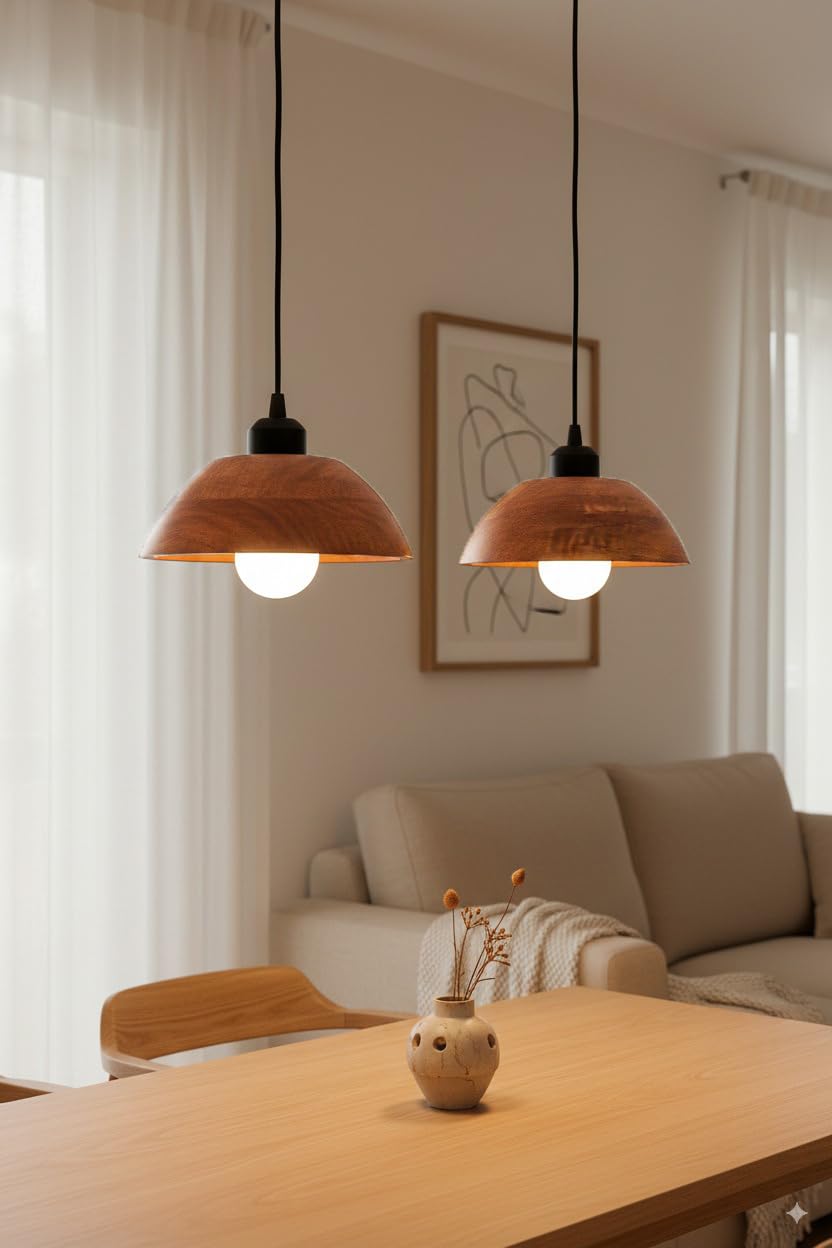 Wooden Hanging Lights for Living Room | Handcrafted Walnut Finish Ceiling Hanging Lamp | Adjustable Cord | Elegant Pendant Lights for Bedroom, Kitchen & Balcony Décor (LARGE-10 INCH)