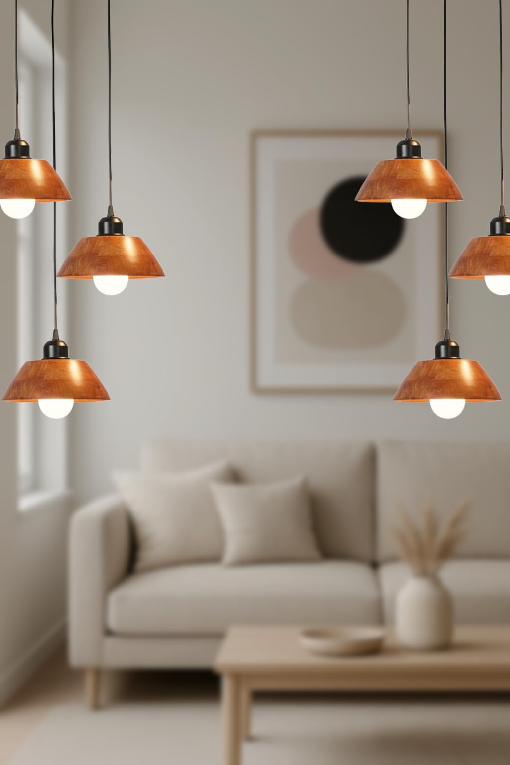 Vintage Modern Wooden Hanging Lights for Living Room, Bedroom, Home Decoration | Walnut Polish (Set of 3 Lights Chandelier)