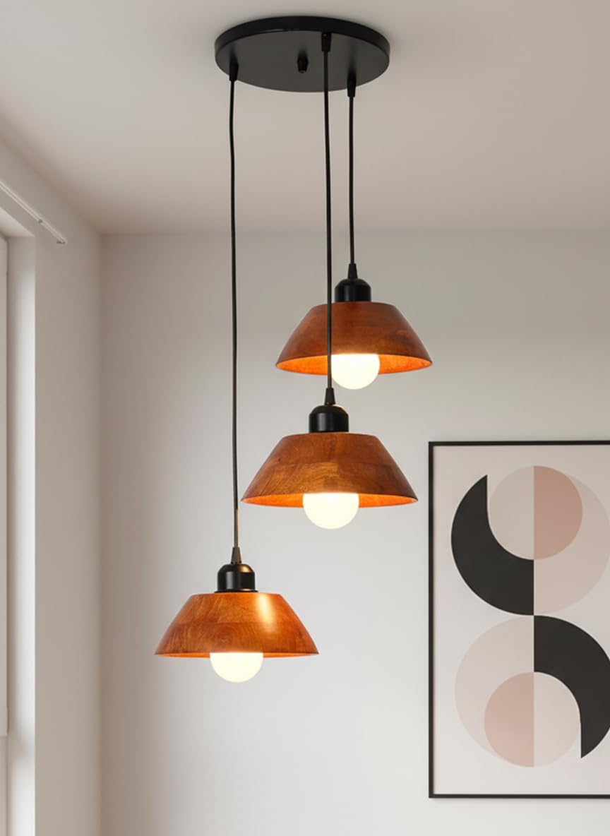 Vintage Modern Wooden Hanging Lights for Living Room, Bedroom, Home Decoration | Walnut Polish (Set of 3 Lights Chandelier)