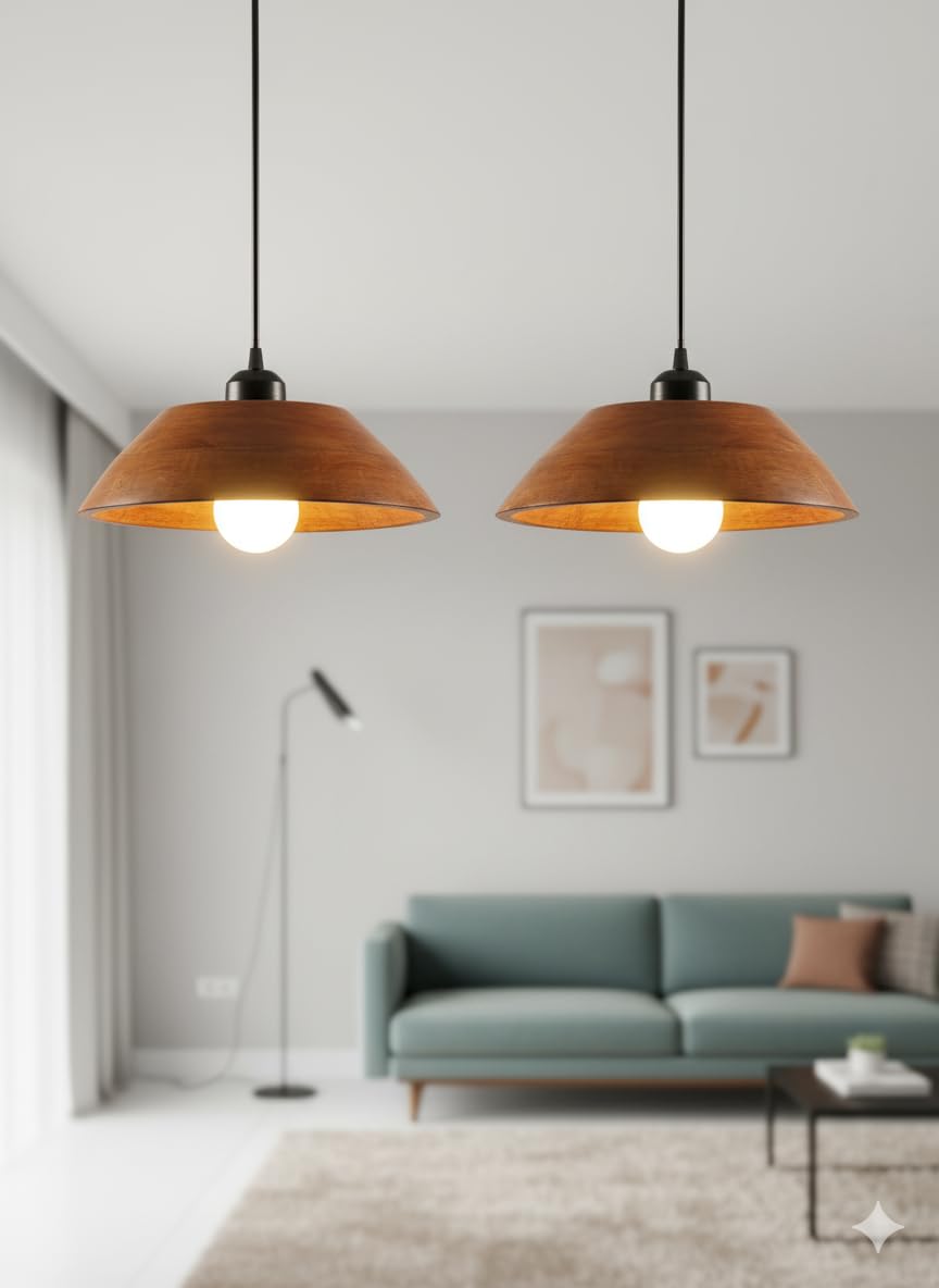 Wooden Hanging Lights for Living Room | Handcrafted Walnut Finish Ceiling Hanging Lamp | Adjustable Cord | Elegant Pendant Lights for Bedroom, Kitchen & Balcony Décor (LARGE-10 INCH)