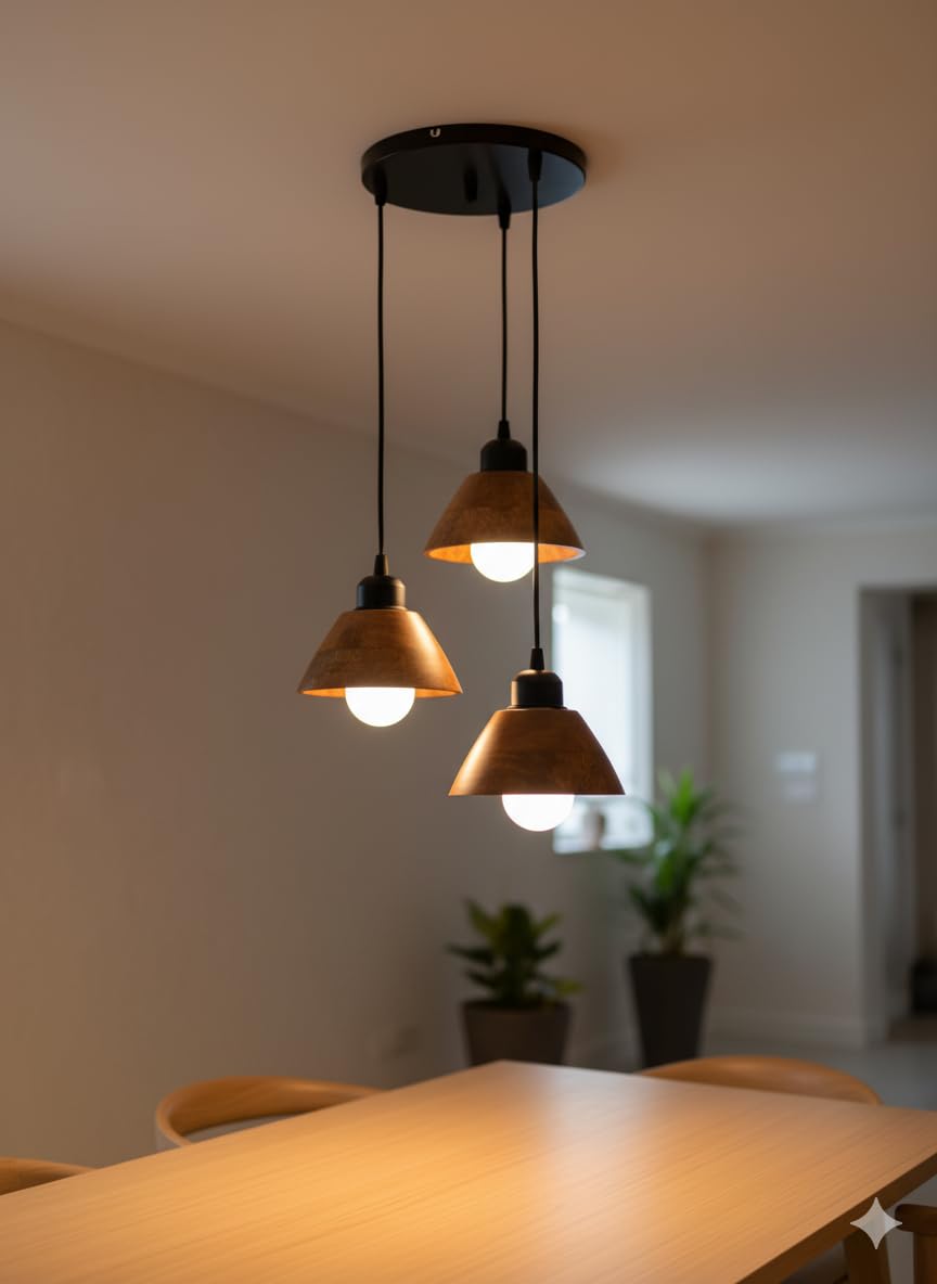 Wooden Hanging Lights for Living Room | Handcrafted Walnut Finish Ceiling Hanging Lamp | Adjustable Cord | Elegant Pendant Lights for Bedroom, Kitchen & Balcony Décor (LARGE-10 INCH)