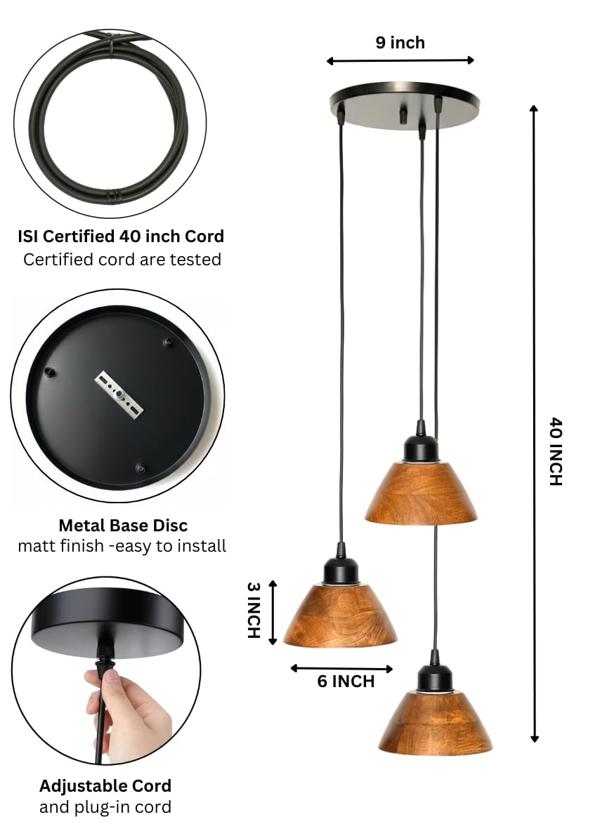 Wooden Hanging Lights for Living Room | Handcrafted Walnut Finish Ceiling Hanging Lamp | Adjustable Cord | Elegant Pendant Lights for Bedroom, Kitchen & Balcony Décor (LARGE-10 INCH)