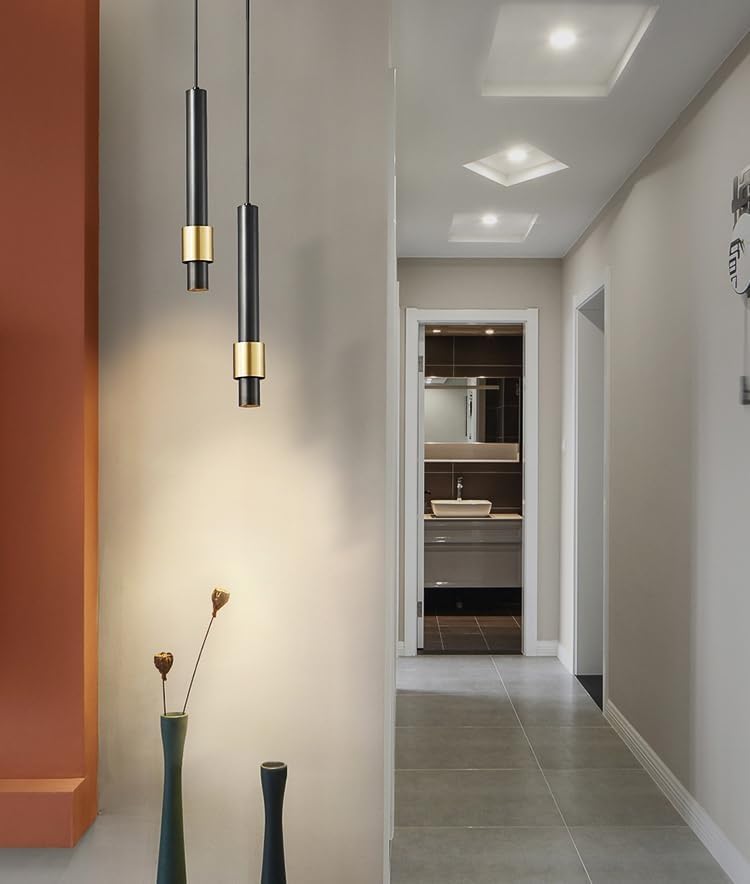 Hanging Light Black & Gold Pendant Lamp | Modern Cylindrical Spotlight with 3 Color LED (Warm White, Natural White, Cool White) | Ceiling Lights for Living Room Bedroom Dining