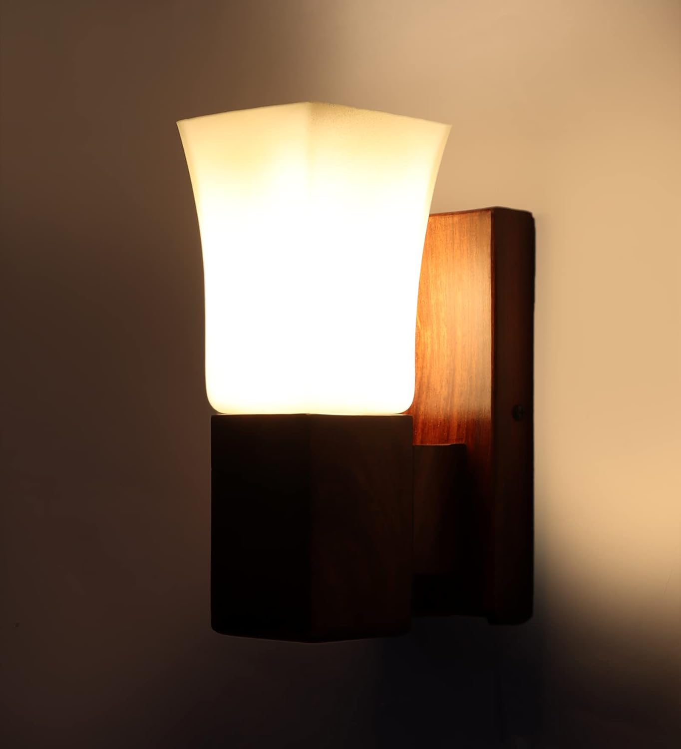 Green House 100% Handmade Sheesham Wood Wall Light Lamp | White Square Glass with E27 Bulb Holder(Bulb not Included) | Perfect Diwali Home Decor Lighting for Bedroom, Living Room, Dining Room, Hallway