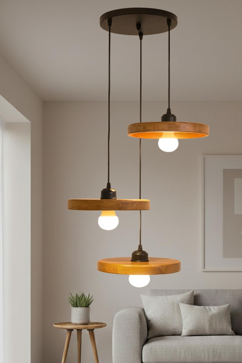 Wooden Handcrafted Hanging Lights Cluster Set of 3 for Living Room | Adjustable Cord | Walnut Finish | Modern Vintage Ceiling Pendant Lamp for Ceiling for Bedroom & Balcony