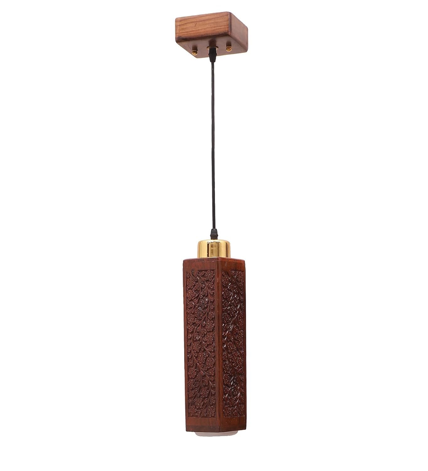 Green House Fully Handmade Sheesham Wood Hanging/Ceiling/Pendant Light | Intricate Carving | 9W in-Built Warm White LED | Brass Rivets | Perfect for Bedroom, Kitchen, Dining Room, Hallway