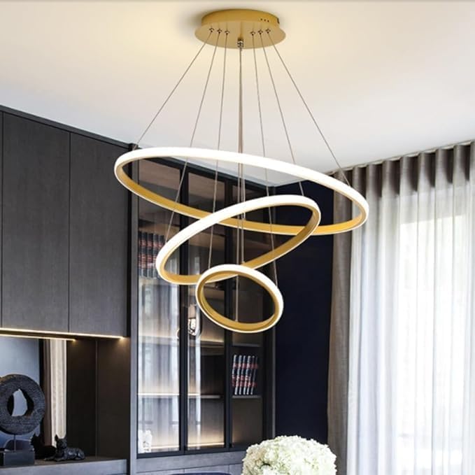 Desidiya® Modern Double 3-Ring LED Pendant Light Lamp - Warm White Hanging Ceiling Pendant Light, Elegant Finish for Home & Living Spaces & Living Room Ceiling Light