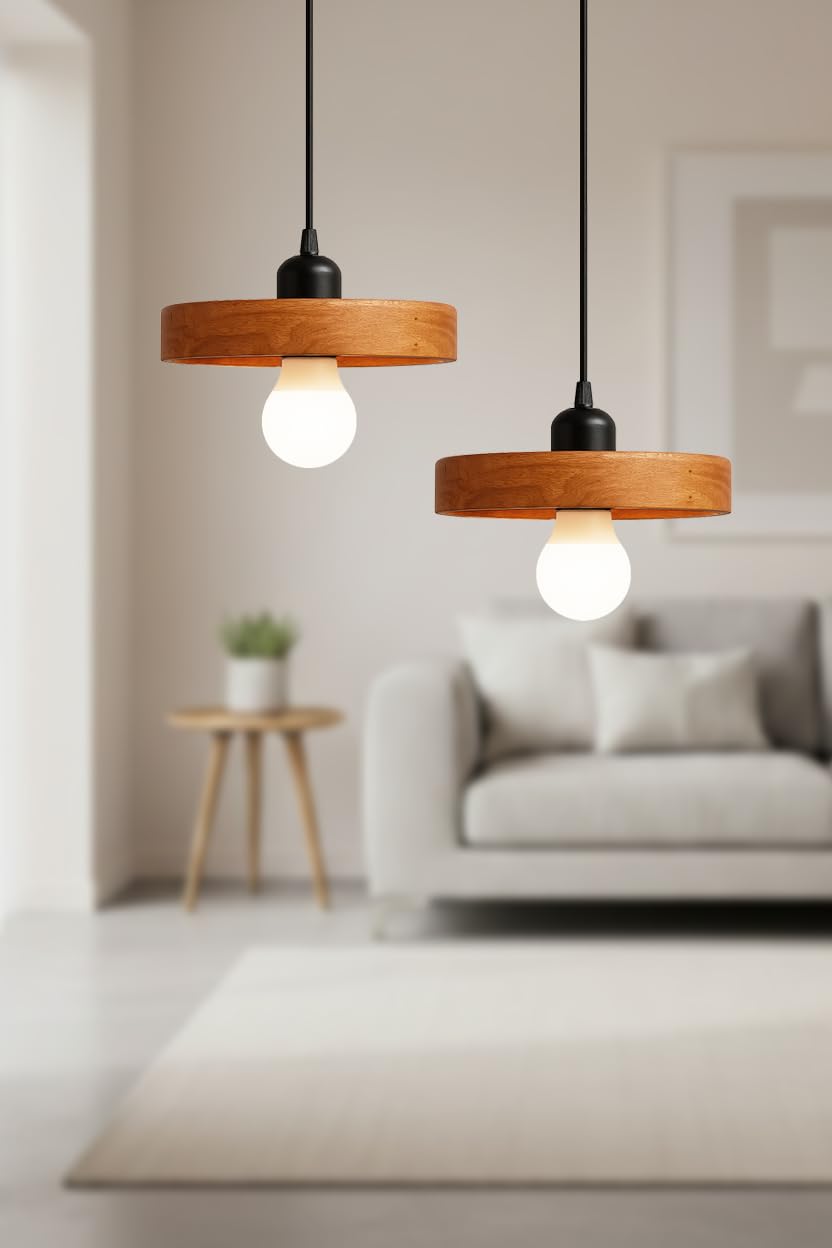 Wooden Hanging Lights for Living Room | Handcrafted Walnut Finish Ceiling Hanging Lamp | Adjustable Cord | Elegant Pendant Lights for Bedroom, Kitchen & Balcony Décor (LARGE-10 INCH)