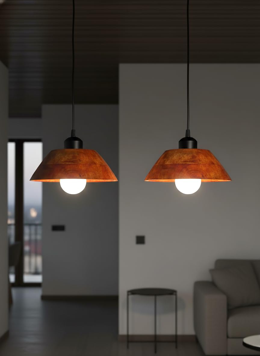 Wooden Hanging Lights for Living Room | Handcrafted Walnut Finish Ceiling Hanging Lamp | Adjustable Cord | Elegant Pendant Lights for Bedroom, Kitchen & Balcony Décor (LARGE-10 INCH)