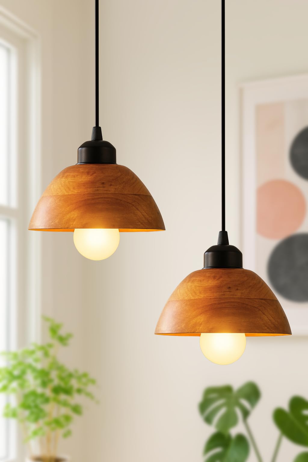 Wooden Hanging Lights for Living Room | Handcrafted Walnut Finish Ceiling Hanging Lamp | Adjustable Cord | Elegant Pendant Lights for Bedroom, Kitchen & Balcony Décor (LARGE-10 INCH)