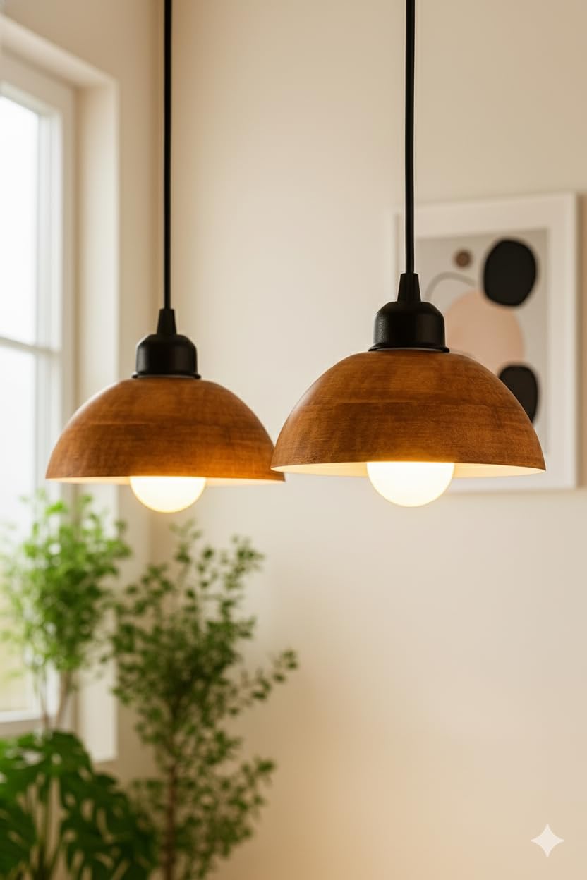 Vintage Modern Wooden Hanging Lights for Living Room, Bedroom, Home Decoration | Walnut Polish (Set of 3 Lights Chandelier)