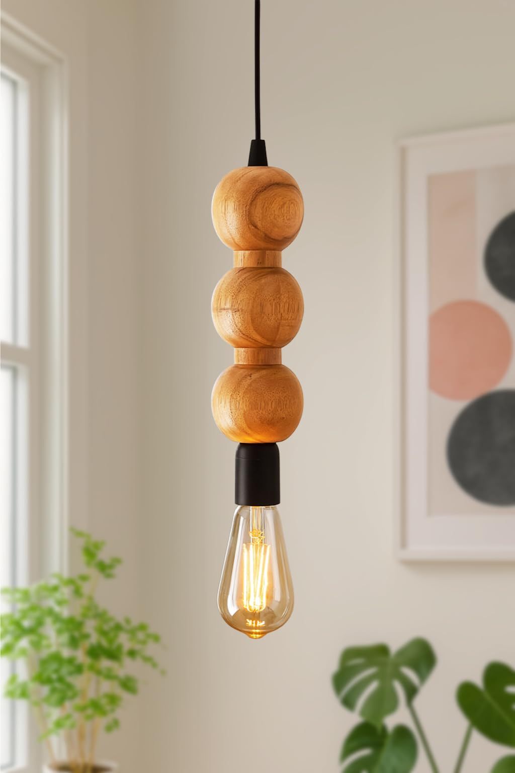 Wooden Hanging Lights for Living Room | Handcrafted Walnut Finish Ceiling Hanging Lamp | Adjustable Cord | Elegant Pendant Lights for Bedroom, Kitchen & Balcony Décor (LARGE-10 INCH)