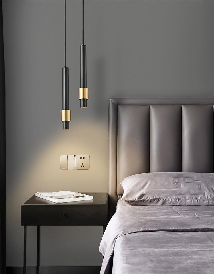 Hanging Light Black & Gold Pendant Lamp | Modern Cylindrical Spotlight with 3 Color LED (Warm White, Natural White, Cool White) | Ceiling Lights for Living Room Bedroom Dining