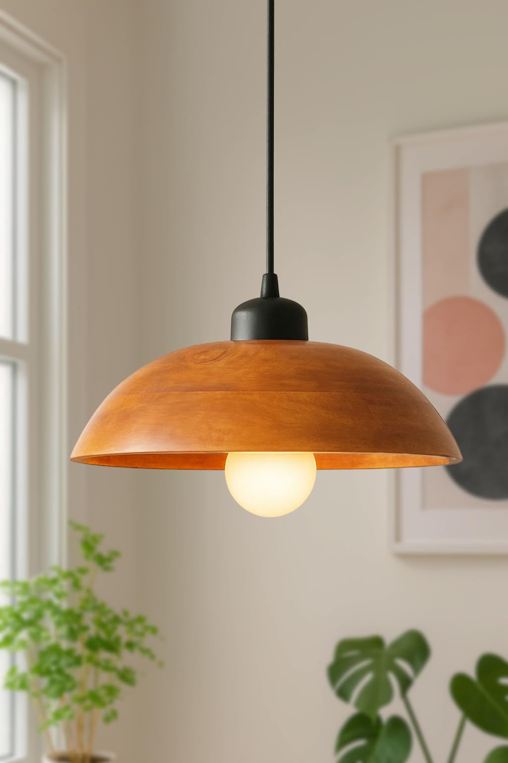 Wooden Hanging Lights for Living Room | Handcrafted Walnut Finish Ceiling Hanging Lamp | Adjustable Cord | Elegant Pendant Lights for Bedroom, Kitchen & Balcony Décor (LARGE-10 INCH)