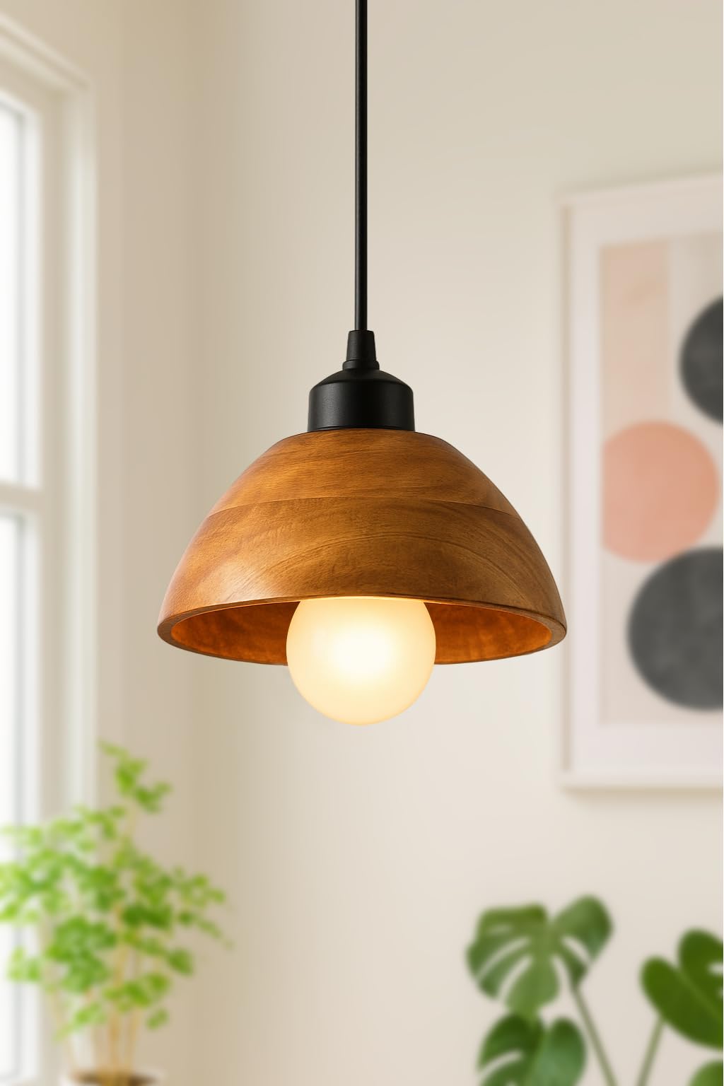 Wooden Hanging Lights for Living Room | Handcrafted Walnut Finish Ceiling Hanging Lamp | Adjustable Cord | Elegant Pendant Lights for Bedroom, Kitchen & Balcony Décor (LARGE-10 INCH)