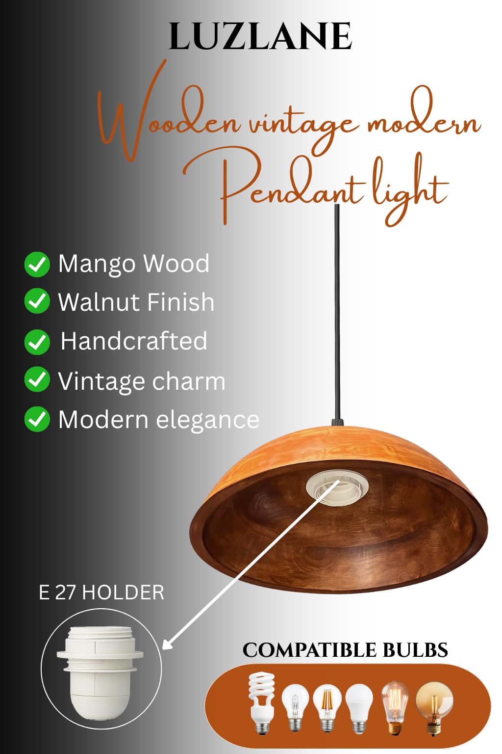 Wooden Hanging Lights for Living Room | Handcrafted Walnut Finish Ceiling Hanging Lamp | Adjustable Cord | Elegant Pendant Lights for Bedroom, Kitchen & Balcony Décor (LARGE-10 INCH)