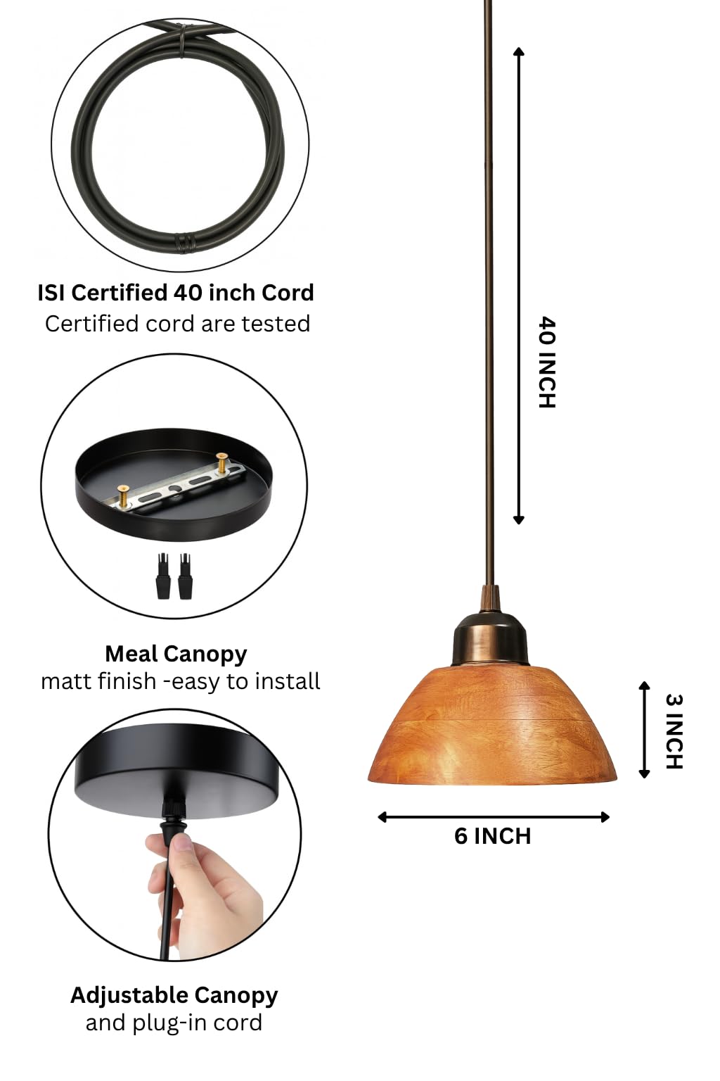 Wooden Hanging Pendant Lights Set of 2 for Bedroom | Modern Walnut Dome Hanging Lights for Living Room with Adjustable Cord | Pendant Lights for Kitchen Balcony