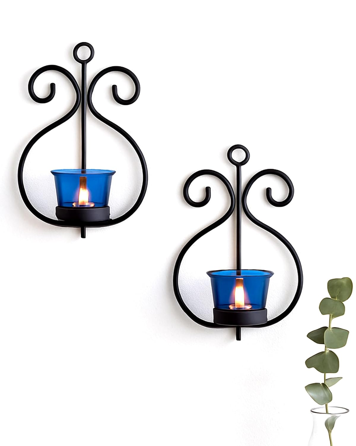 Homesake® Wall Candle Sconce Set of 2 Wrought Iron Candle Holder Hanging Wall Mounted Candle Sconces for Living Room Home Decor, Black with Glass and Free T-Light Candles (Eye Yellow Gold)