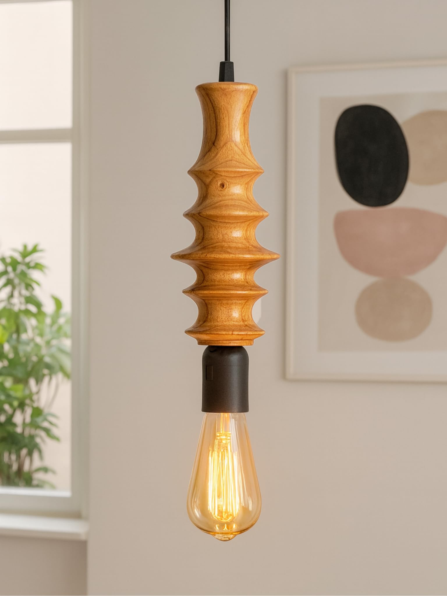 Wooden Hanging Lights for Living Room – Modern Chandelier Lights for Ceiling | Wood Finish Spindle Light for Living Room, Bedroom, Kitchen, Dining | Decorative Home Lighting