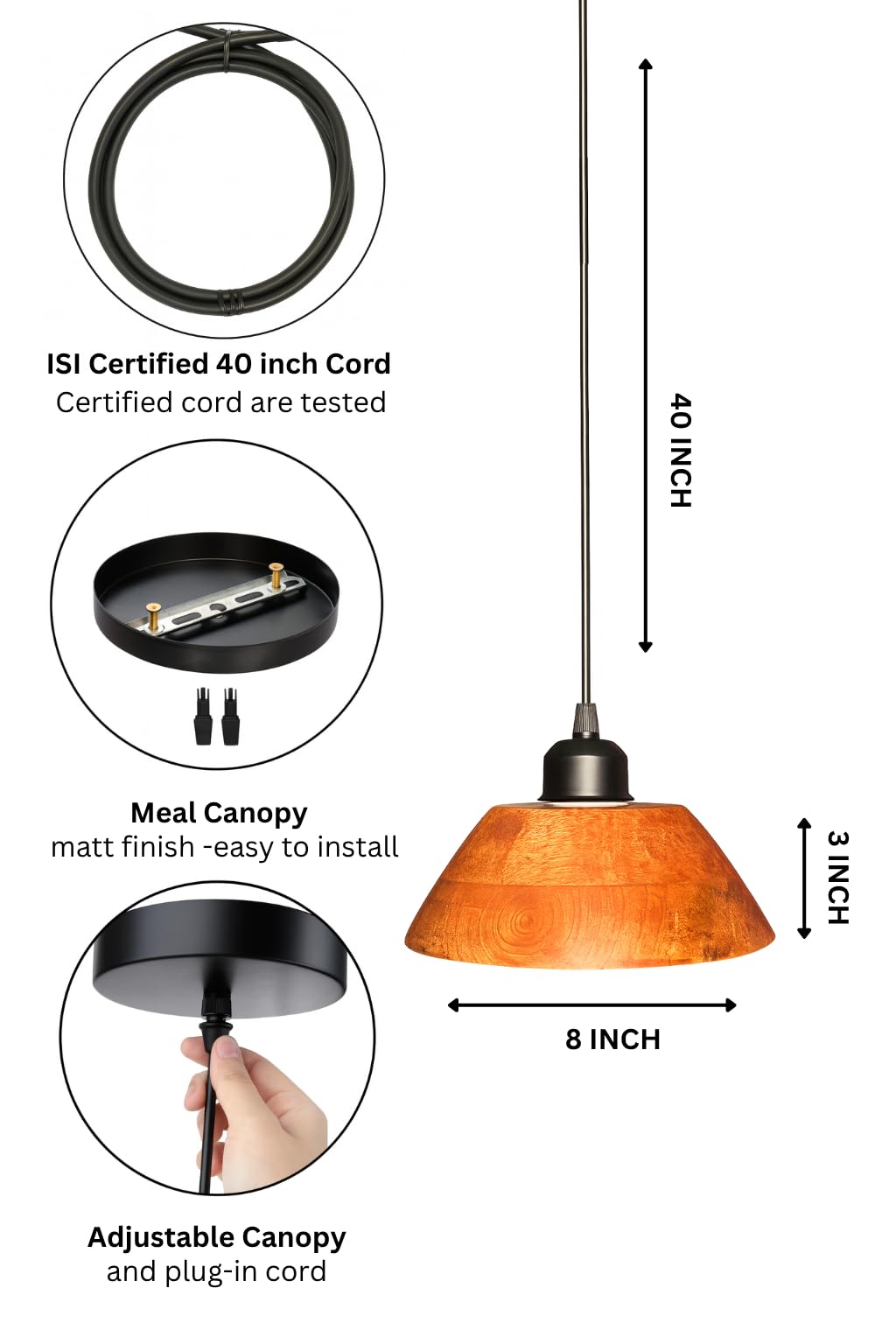 Wooden Hanging Lights for Living Room | Handcrafted Walnut Finish Ceiling Hanging Lamp | Adjustable Cord | Elegant Pendant Lights for Bedroom, Kitchen & Balcony Décor (LARGE-10 INCH)