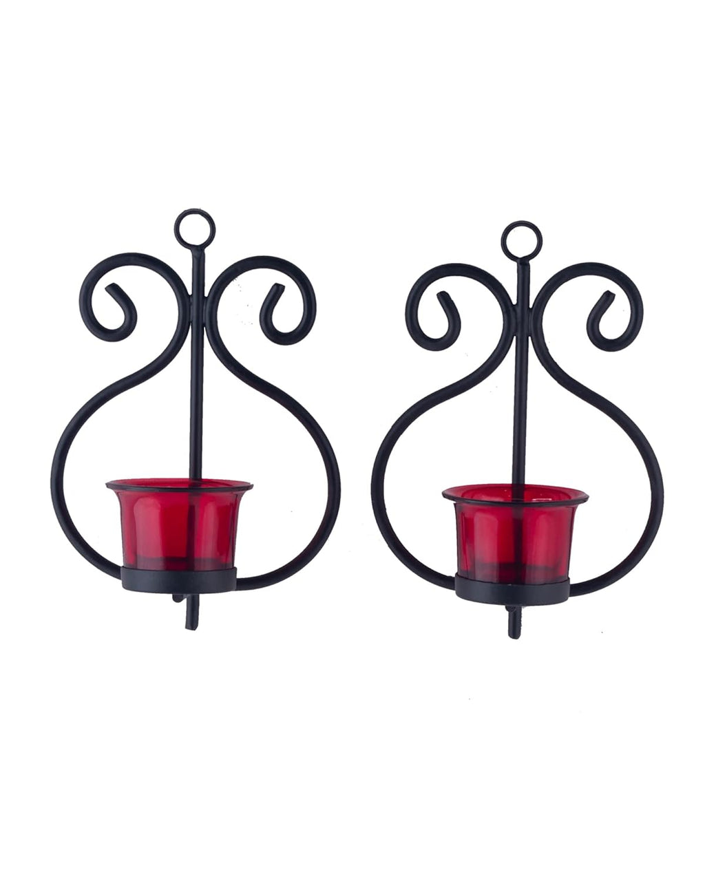 Homesake® Wall Candle Sconce Set of 2 Wrought Iron Candle Holder Hanging Wall Mounted Candle Sconces for Living Room Home Decor, Black with Glass and Free T-Light Candles (Eye Yellow Gold)