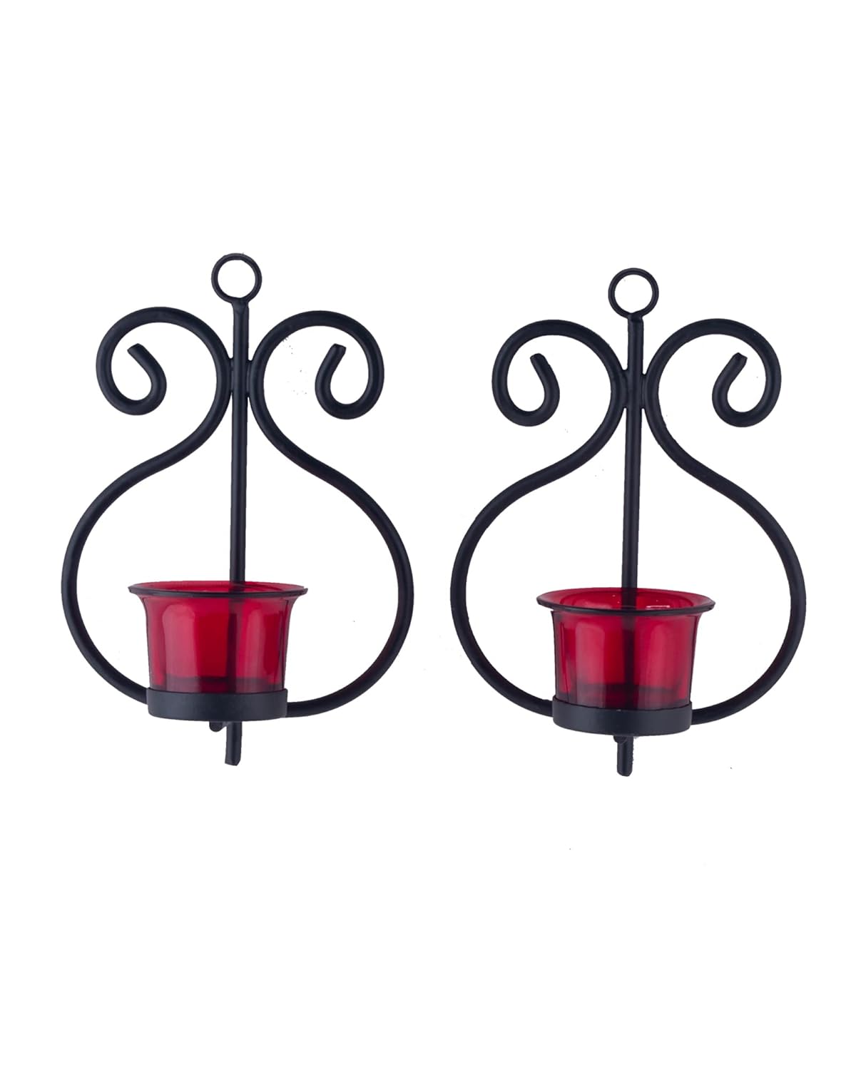 Homesake® Wall Candle Sconce Set of 2 Wrought Iron Candle Holder Hanging Wall Mounted Candle Sconces for Living Room Home Decor, Black with Glass and Free T-Light Candles (Eye Yellow Gold)