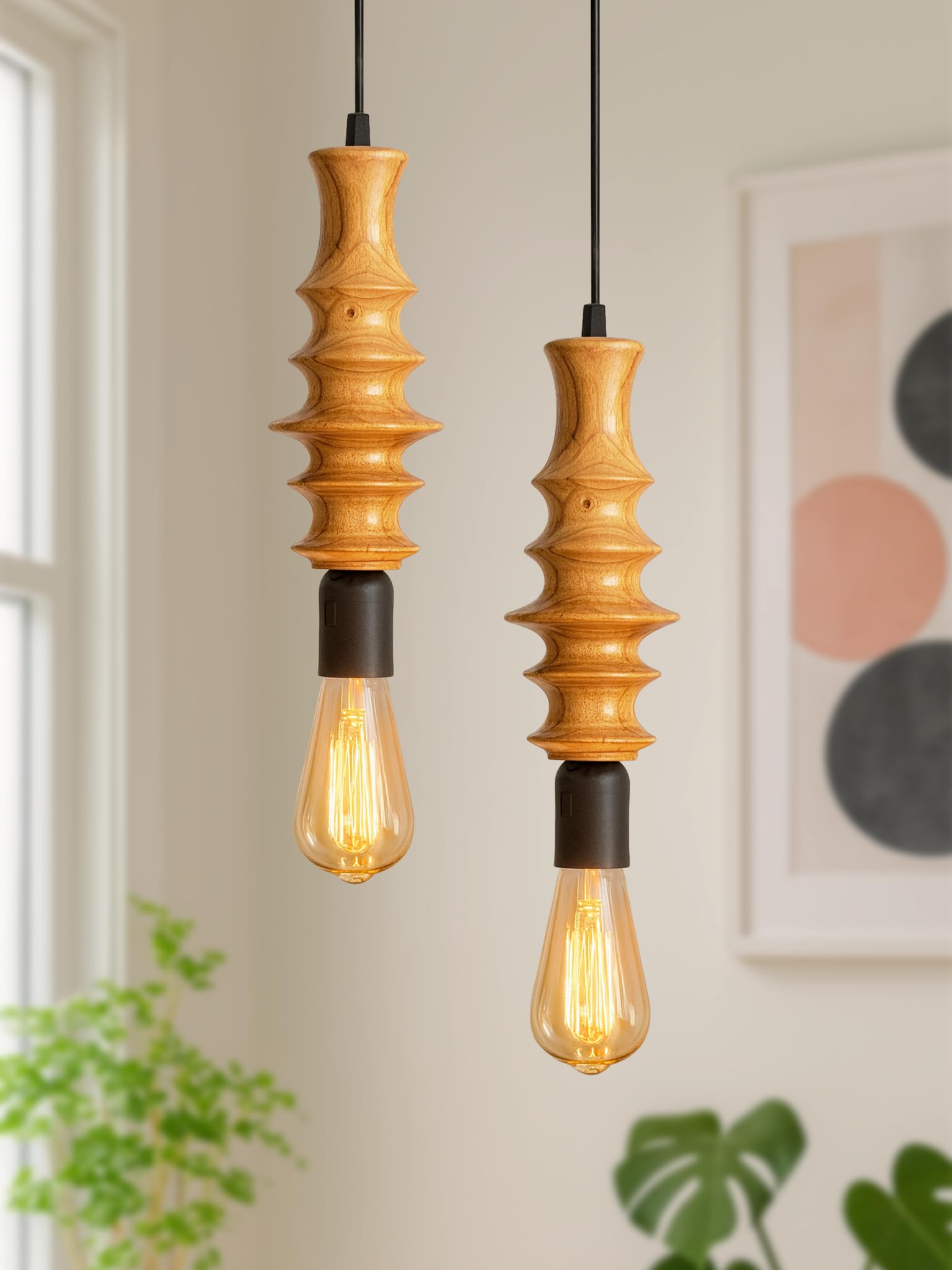Wooden Hanging Lights for Living Room – Modern Chandelier Lights for Ceiling | Wood Finish Spindle Light for Living Room, Bedroom, Kitchen, Dining | Decorative Home Lighting