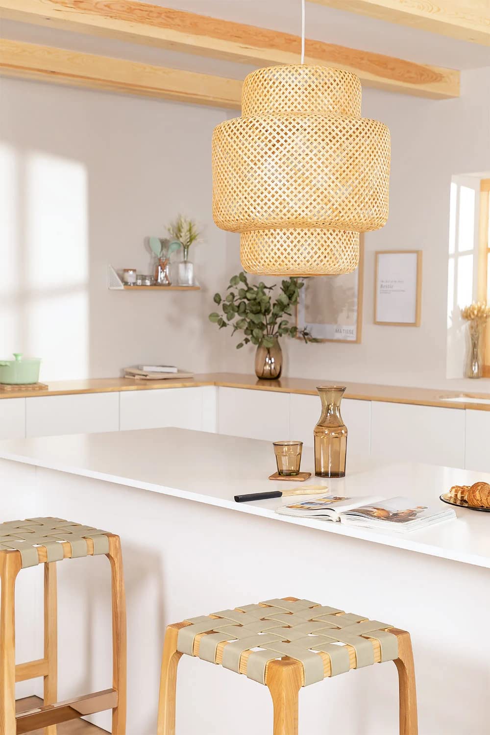 AKWAY Rattan Hanging lamp for Living Room | Bamboo Hanging Light for Bedroom | Cane Wicker Pendant lamp for Home Decoration (Bulb Not Included) (Bamboo Ceiling Lamp with Diffuser)