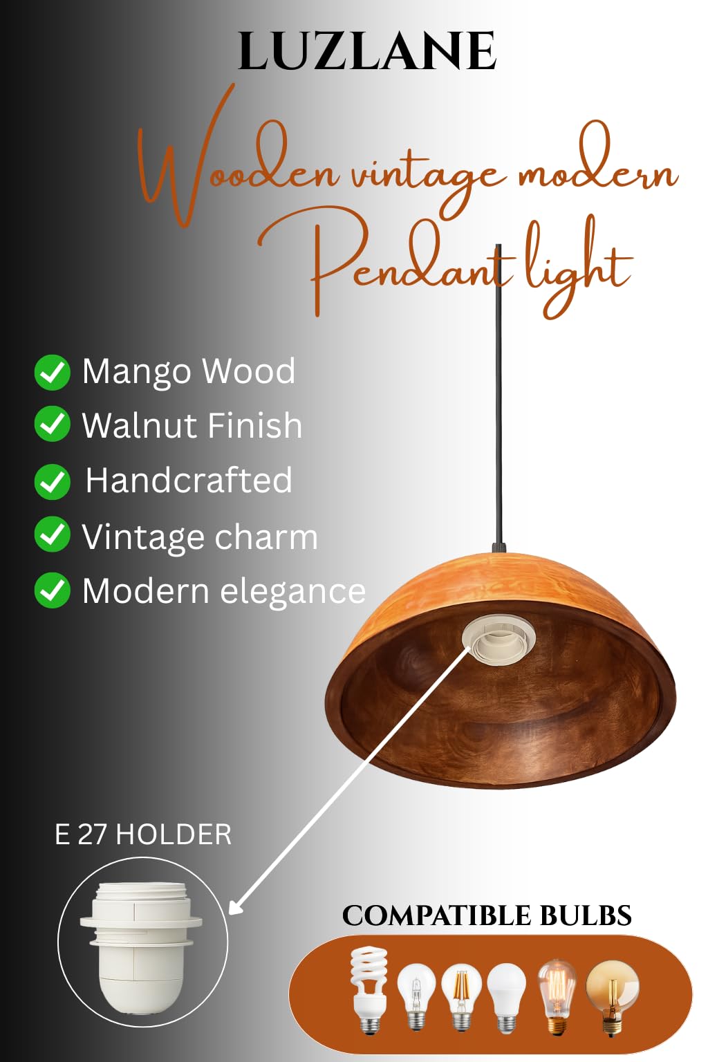 Wooden Hanging Lights for Living Room | Handcrafted Walnut Finish Ceiling Hanging Lamp | Adjustable Cord | Elegant Pendant Lights for Bedroom, Kitchen & Balcony Décor (LARGE-10 INCH)