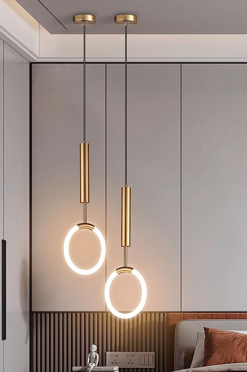 Hanging Light Black & Gold Pendant Lamp | Modern Cylindrical Spotlight with 3 Color LED (Warm White, Natural White, Cool White) | Ceiling Lights for Living Room Bedroom Dining