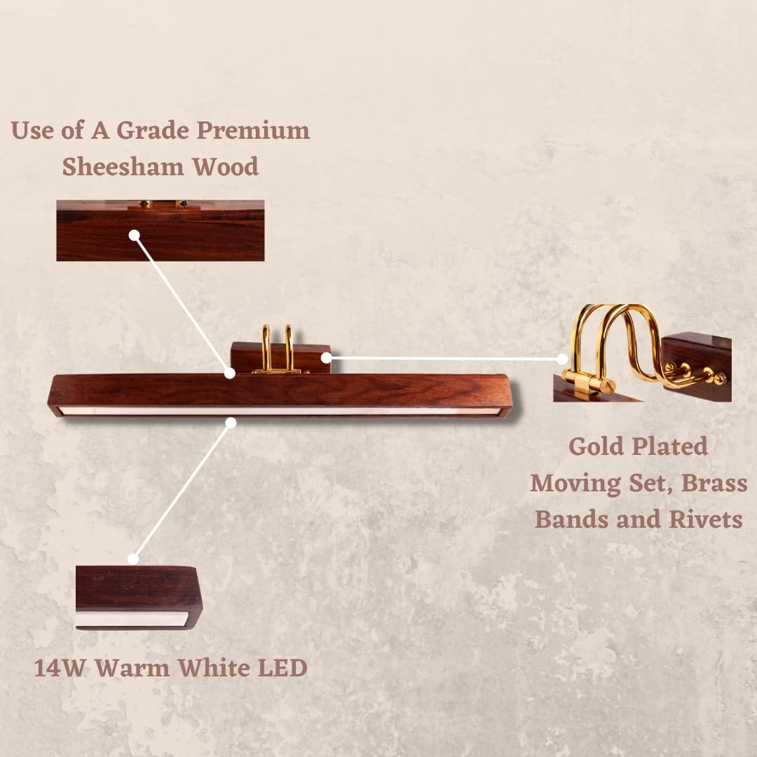 Green House Handmade Sheesham Wood Wall Light for Dressing Table/Mirror/Vanity/Bedroom/Bathroom/Living Room with 10W in-Built Tri-Colour LED/9 inches Wide/Gold Plated Brass Bands/Rivets/Moving Set